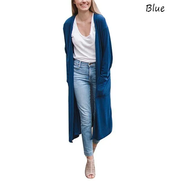 Cardigan Simple Long Sleeve Trench Coat Blue - Shop at LoveMi
