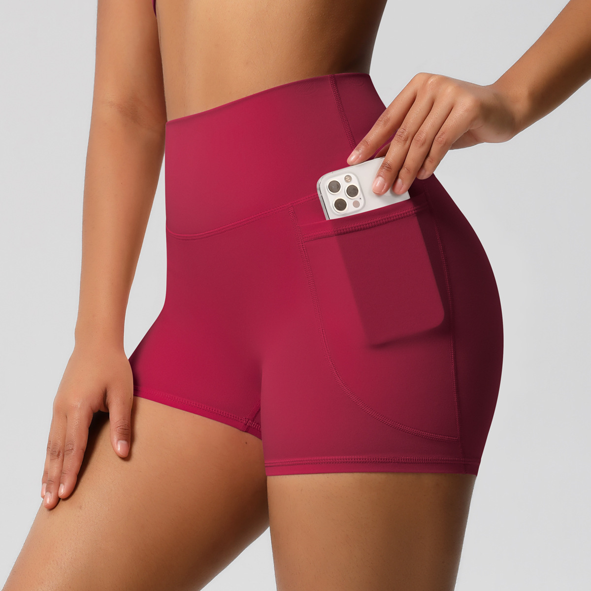 Brushed Solid Color Pocket High Waist Tight High Elastic Yoga Shorts Carmine - Shop at LoveMi