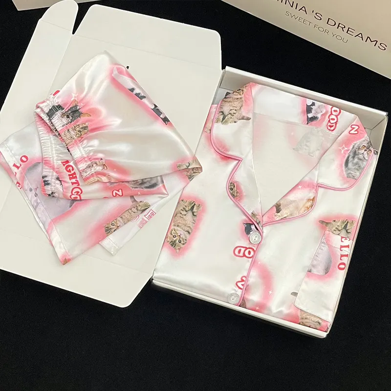 Cute Cat Print Summer New Thin Pajamas Women - 9118 Short Sleeve Pink
