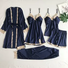Women's Imitated Silk Pyjamas Underwear Five-piece Sling - Navy - View 1