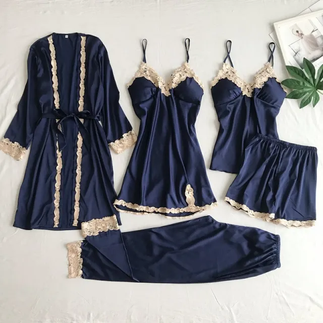Women's Imitated Silk Pajamas Underwear Five piece Sling Blue - Shop at LoveMi