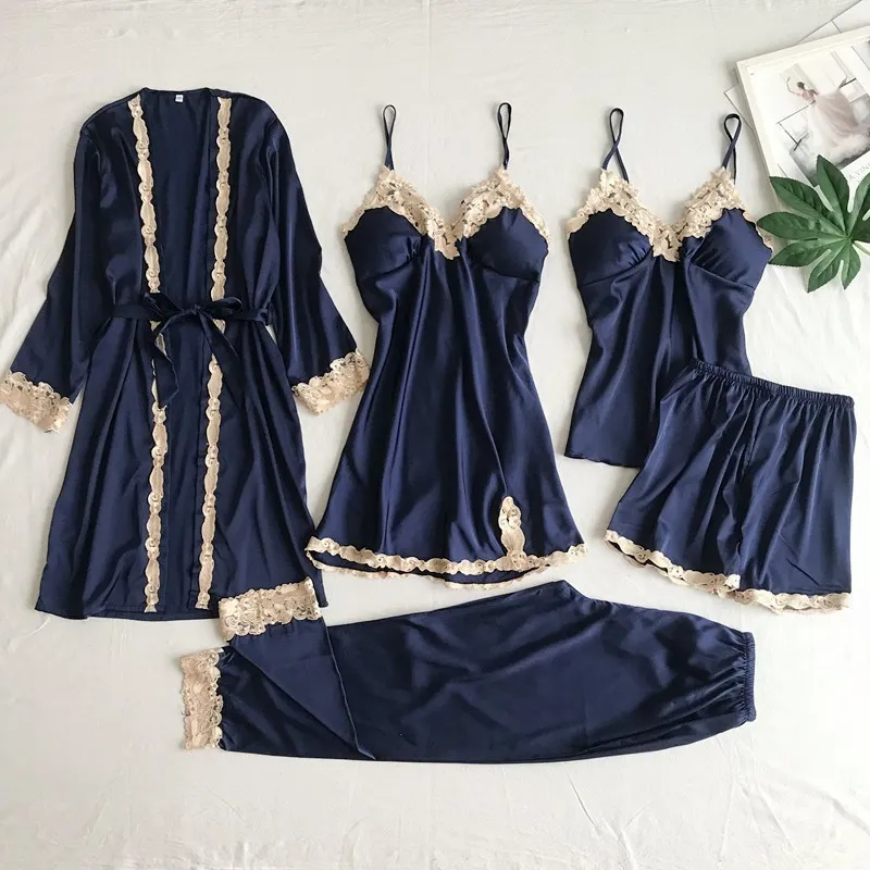 Women's Imitated Silk Pyjamas Underwear Five-piece Sling - Navy