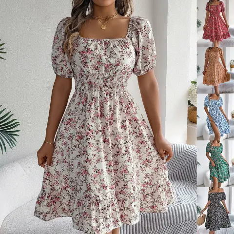 Floral Print Square Collar Dress Summer Fashion Ruffles Dresses