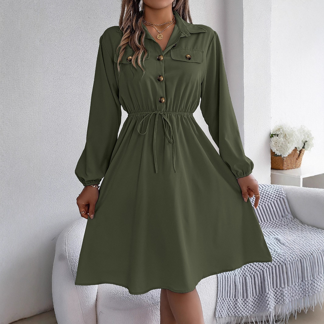 Womens Casual Buttoned Lace-Up Waist-Cinching Long-Sleeve Dress