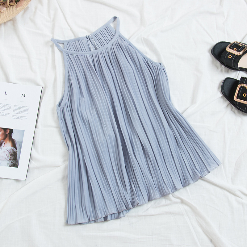 Vintage Pleated Chiffon Halter Spaghetti Straps Vest Female Elegance Sleeveless Bottoming Shirt Top Student