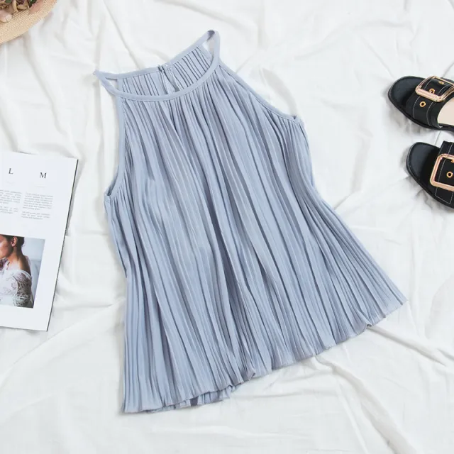 Vintage Pleated Chiffon Halter Spaghetti Straps Vest Female Elegance Sleeveless Bottoming Shirt Top Student Gray - Shop at LoveMi