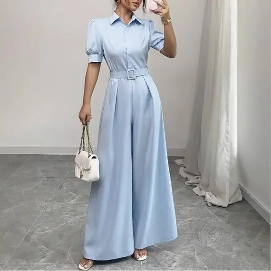 French-style Puff Sleeves With A Belted Wide-leg