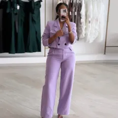Solid Colour Polo Collar Suit Top Wide-leg Pants Casual Suit - Purple - View 1