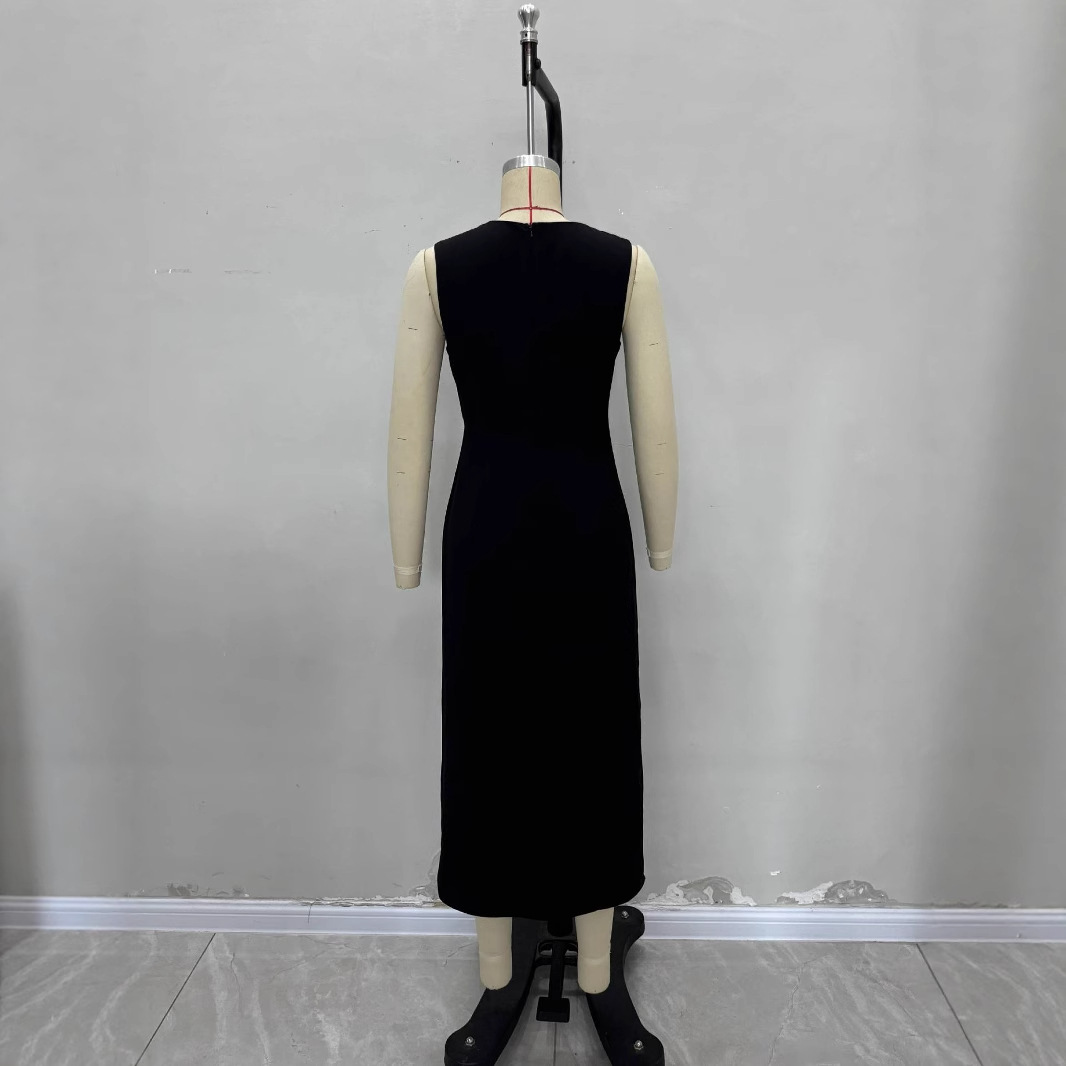 Women's Pleated Ornament Split Sleeveless Casual Solid Color Fashion Long Dress