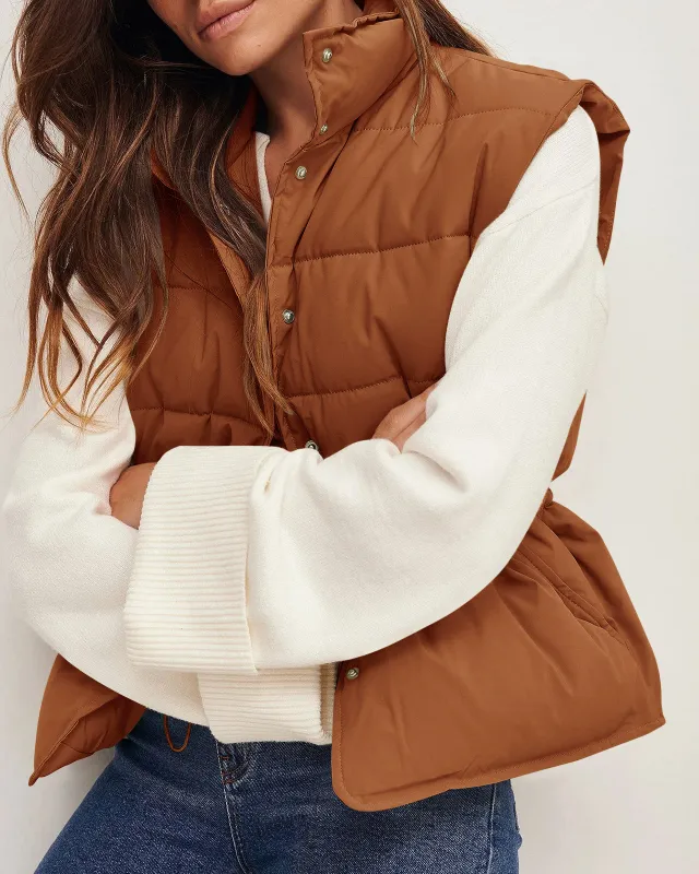 Women's Stand Collar Single breasted Cotton Vest Brown - Shop at LoveMi
