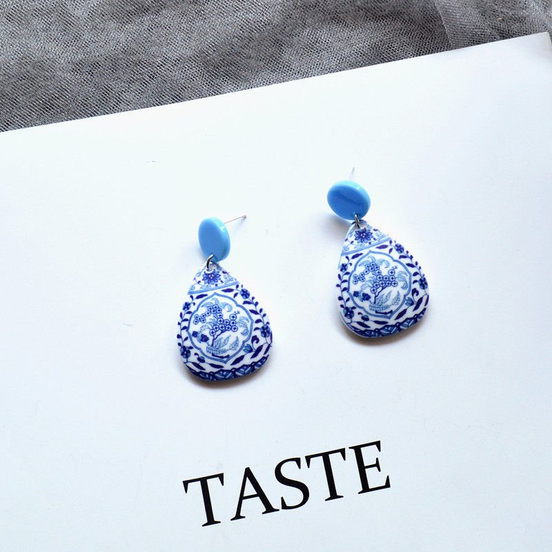 Geometric Blue And White Porcelain Series Chinese Style Acrylic Earrings