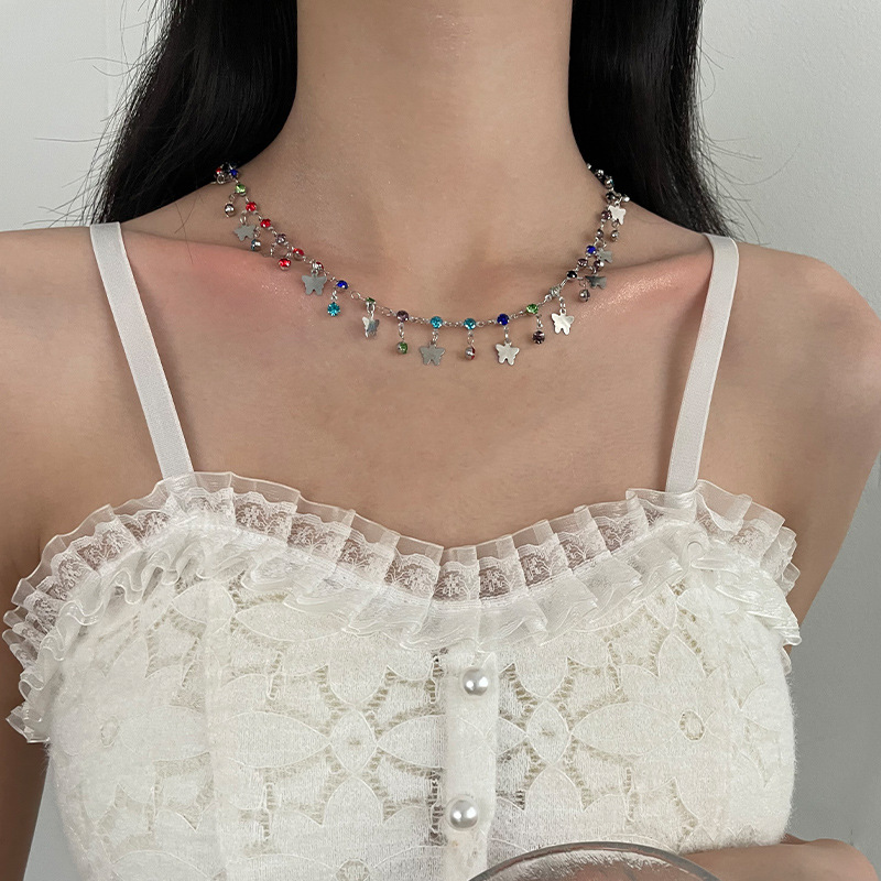 Special-interest Design Colorful Crystals Butterfly Necklace For Women Summer