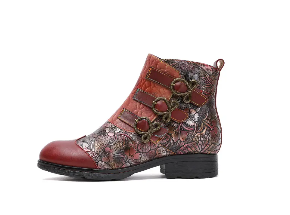 Bohemian Floral Print Ankle Boots with Side Zipper and Flat Heel