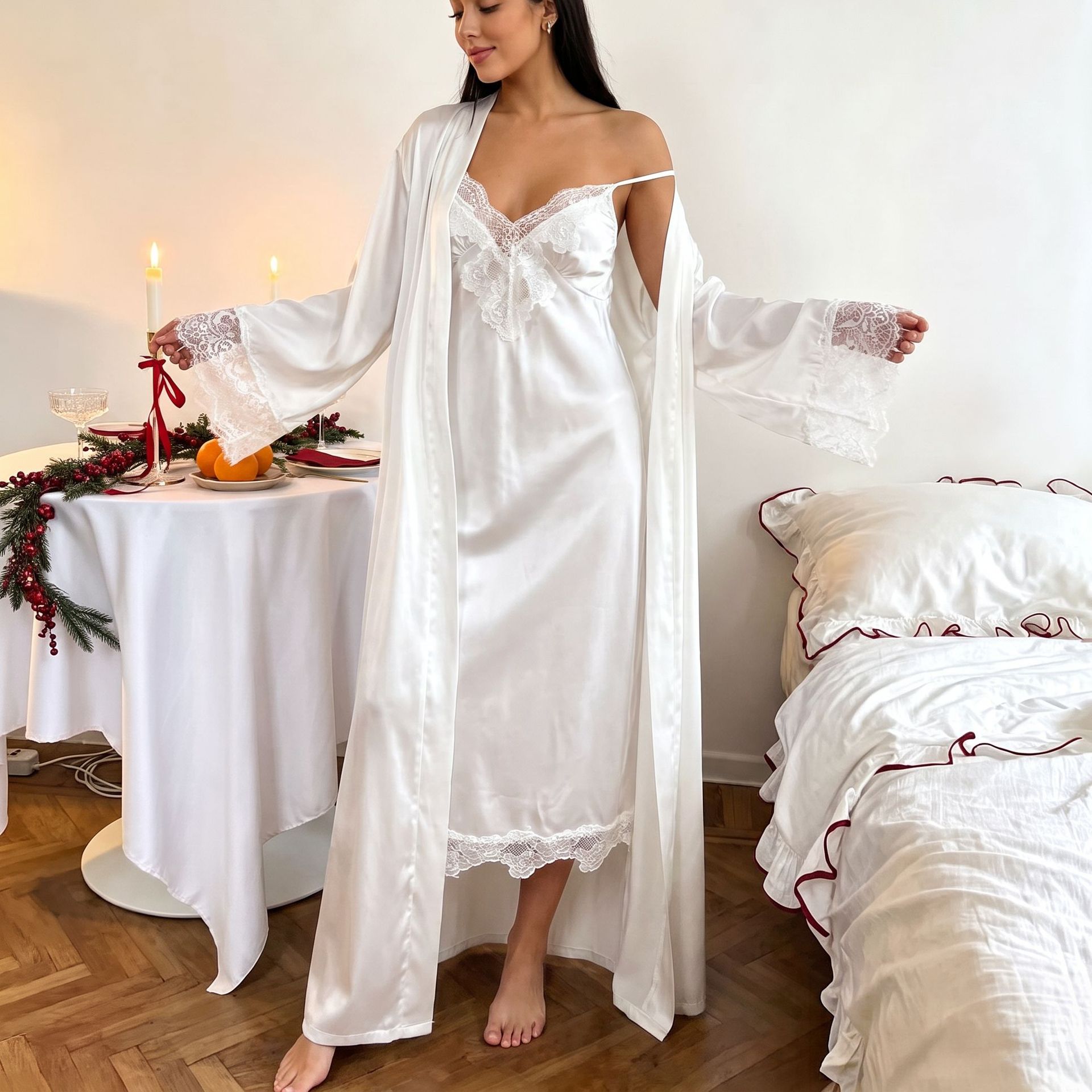 Lace Trim Satin Nightwear Set