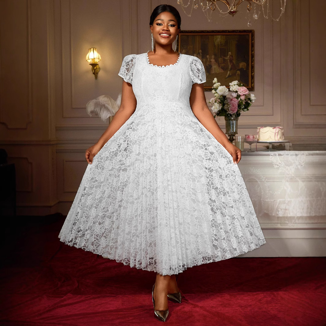 European And American Plus Size Lace Square Collar Swing Slimming Party Dating Pleated Dress