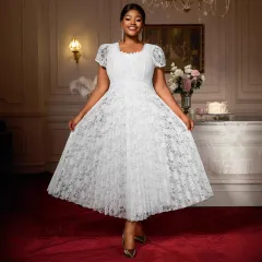 European And American Plus Size Lace Square Collar Swing Slimming Party Dating Pleated Dress - White - View 1