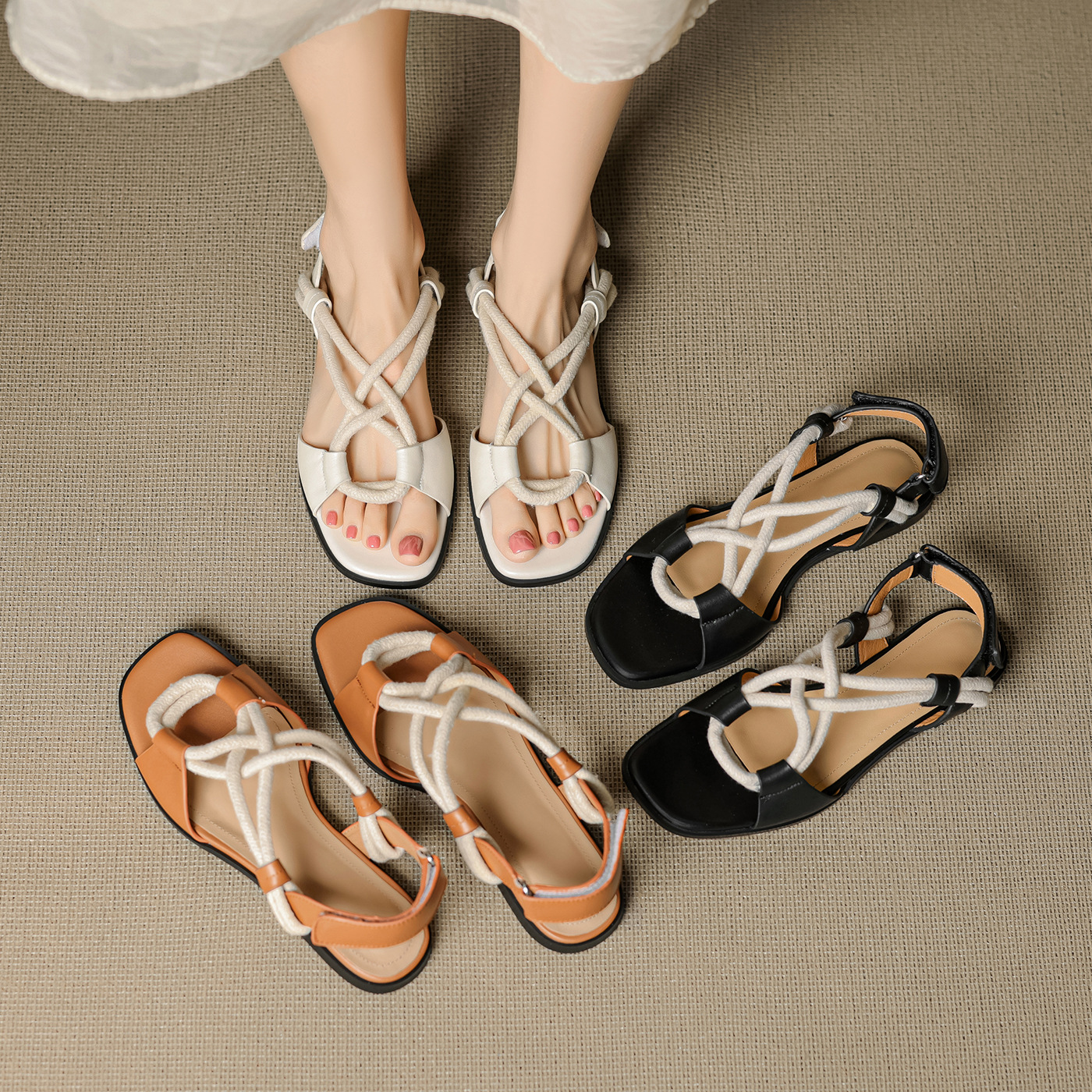 Genuine Leather Flat Cross-strap Open-toe Roman Sandals
