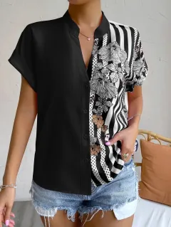 Women's Summer Button Cardigan Short Sleeve Shirt - Black - View 1