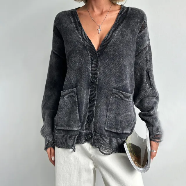 Women's Street style Washed out Woolen Cardigan Coat Zy4205 Black - Shop at LoveMi