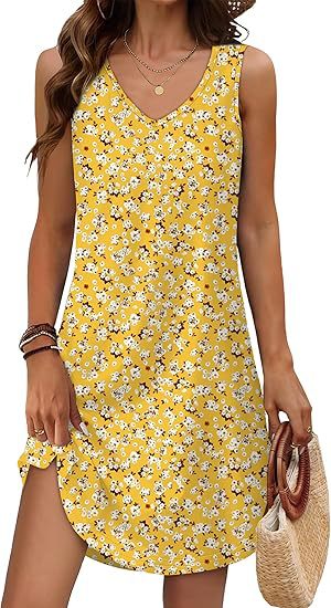Loose Casual V neck Flower Holiday Dress Yellow - Shop at LoveMi