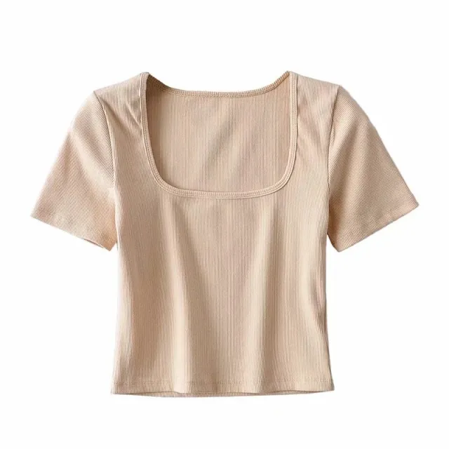 Summer Cropped Square Neck T shirt Women Khaki - Shop at LoveMi