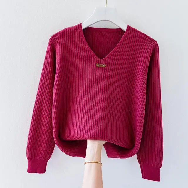 V neck Jersey Women's Long Sleeve Loose Sweater Rose Red - Shop at LoveMi