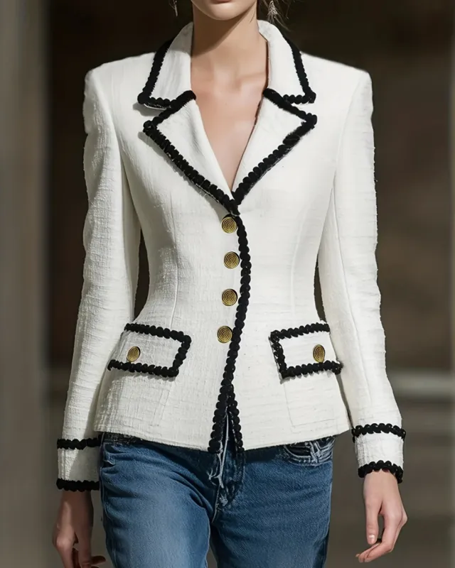 New Womens Elegant Tweed Blazer With Lace Trim White - Shop at LoveMi
