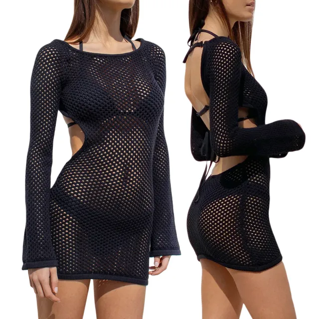 Fashionable Personality Long Sleeve Backless Solid Color Knitted Round Neck Dress Black - Shop at LoveMi