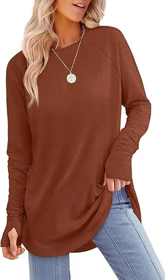 Solid Color Split-finger Long-sleeved Shirt Loose Mid-length - Caramel Color-S