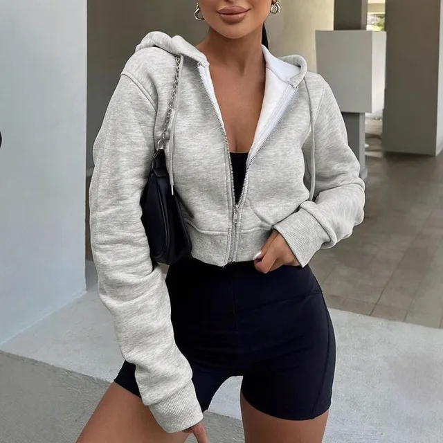 Long Sleeve Hooded Zip Cardigan Casual Sweatshirt Light Gray - Shop at LoveMi