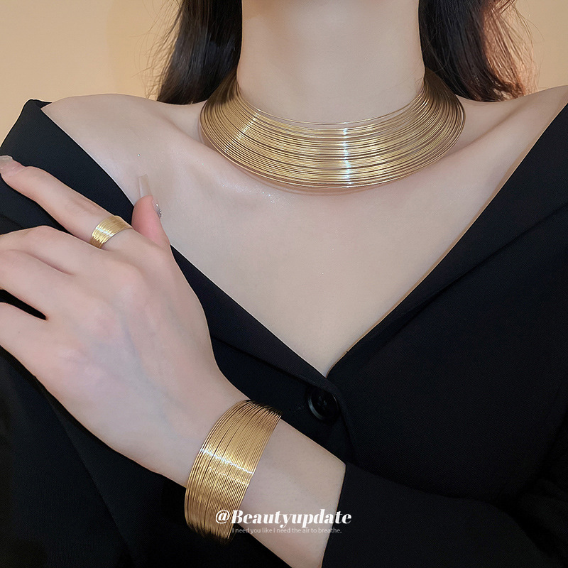 Metal Geometric Multi-Layer Necklace Set