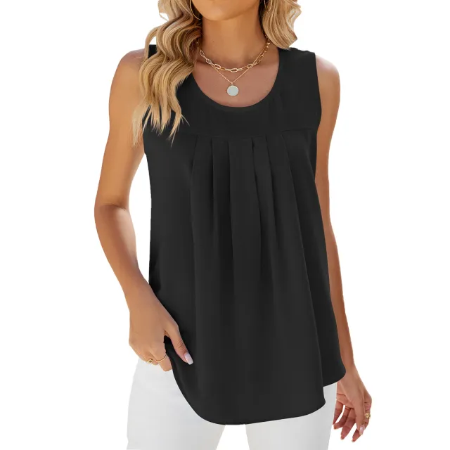 Summer New Round Neck Sleeveless Solid Color Chiffon Vest Black - Shop at LoveMi