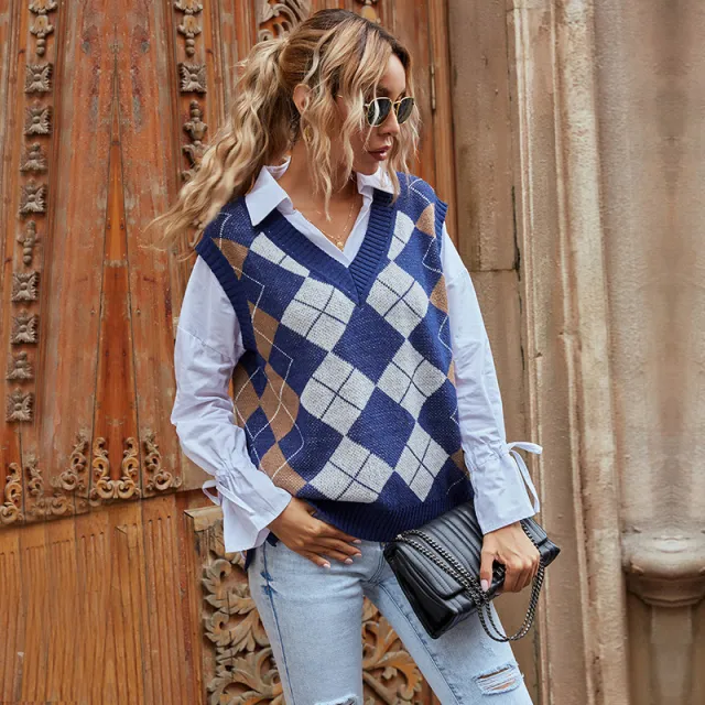 Warm Rhombus V neck Sweater Vest Women's Knitted Blue - Shop at LoveMi