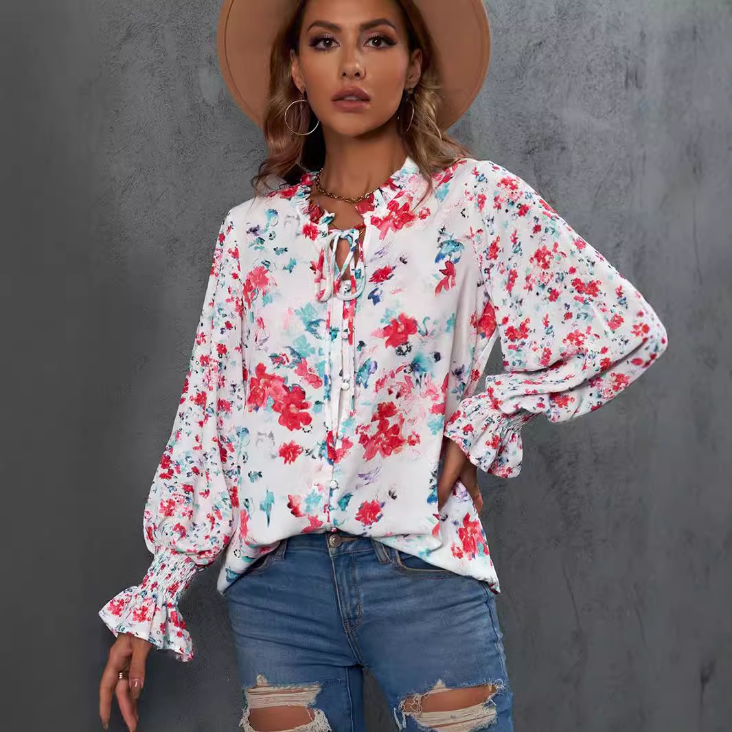 Shiying Autumn Lightweight Floral Chiffon Blouse With Long Sleeves