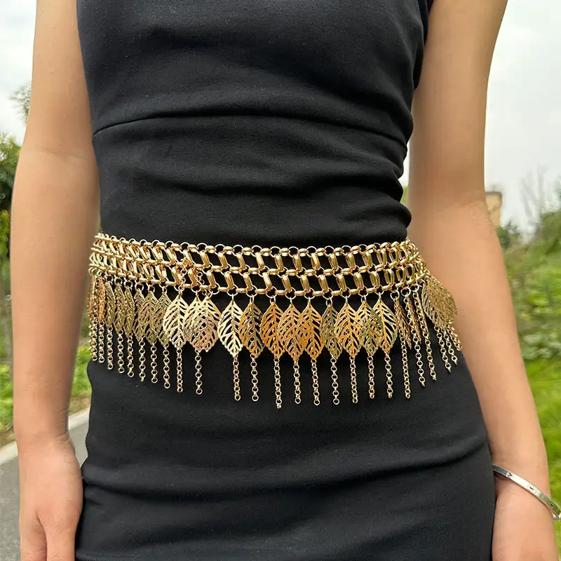 Gold-tone Multi-layer Leaf Tassel Waist Chain