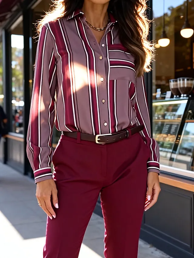 Elegant Sophisticated Striped Patchwork Print Blouse With Long Sleeves For Workwear Red - Shop at LoveMi