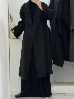 Women's Lace-up Long Elegant Woolen Coat - Charcoal Black - View 1