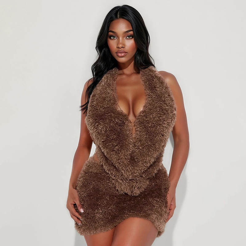 AutumnWinter New Fuzzy Collar Half-Length Skirt Set