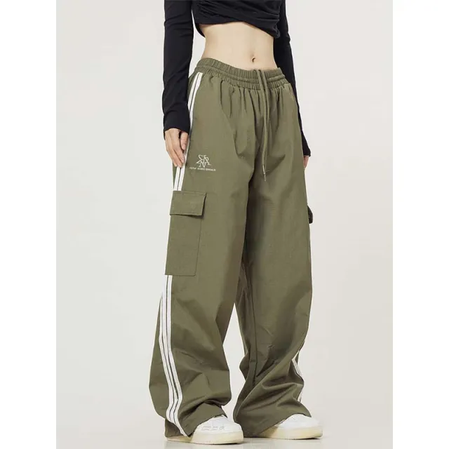 Retro Side Striped Overalls Women's Straight Casual Pants Army Green - Shop at LoveMi
