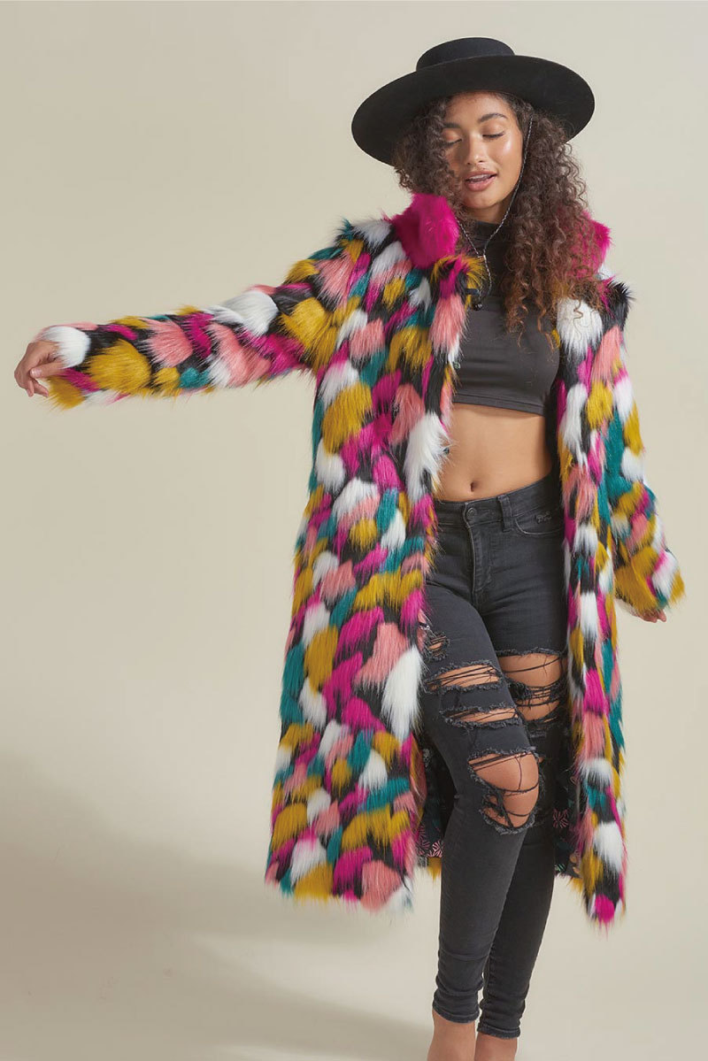 Women's Rainbow Fur Collar Imitation Fur Mid-length Coat