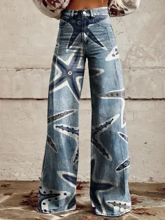 Wide-legged Pants Thermal Transfer Bell-bottom Pants Simulation Denim Trousers - Mr1159-L - View 1