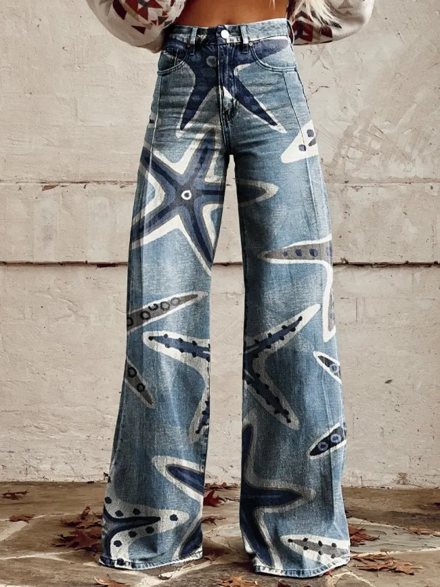 Wide legged Pants Thermal Transfer Bell bottom Pants Simulation Denim Trousers Mr1159 L - Shop at LoveMi