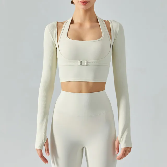Halter Fake Two piece Slim Fit Yoga Long Sleeve Nude Feel Sports Top Women's Ivory White - Shop at LoveMi