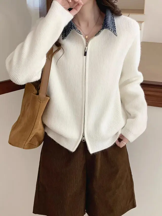 False Two piece Denim Patchwork Knitted Sweater White - Shop at LoveMi