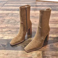 New Square Toe Fleece-lined New Chunky Heel French Boots - Khaki - View 1