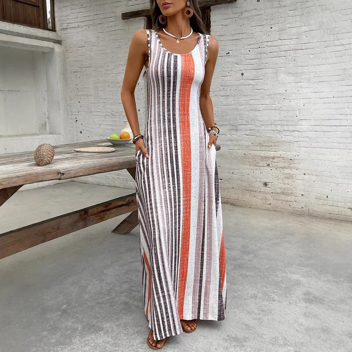 Womens European And American-style Striped Sleeveless Long Dress