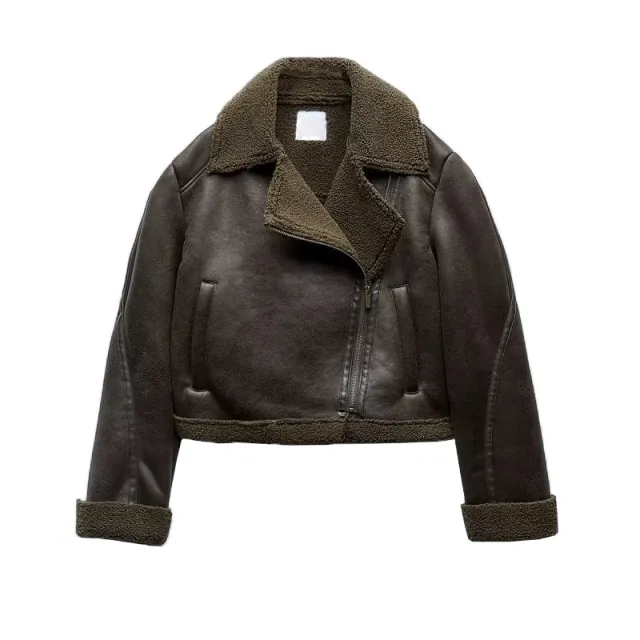 Lapel Patchwork Fleece Motorcycle Short Jacket Coat Brown - Shop at LoveMi