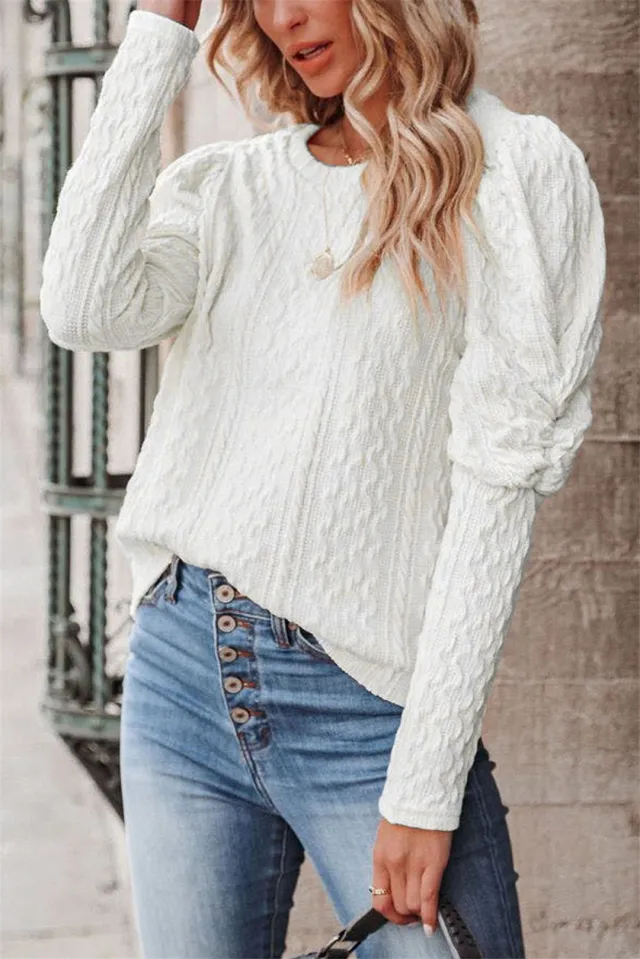 Women's Solid Color Jacquard Round Neck Gigot Sleeve Knitted Sweater Top White - Shop at LoveMi