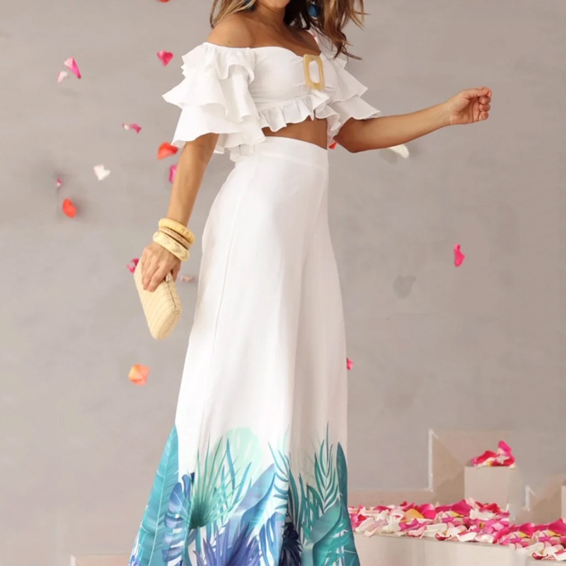 Two-piece Casual Off-shoulder Solid Off-shoulder Ruffled Sleeves High Waist Top Wide Leg Printed Pants Suit Streetwear - Image 1
