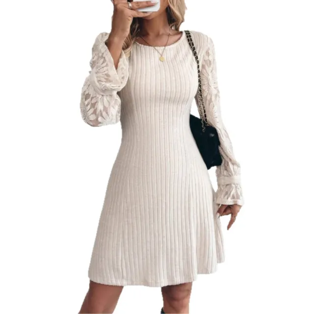 Fashion Long Sleeve Knitted Women's Lace Trim Dress Apricot - Shop at LoveMi
